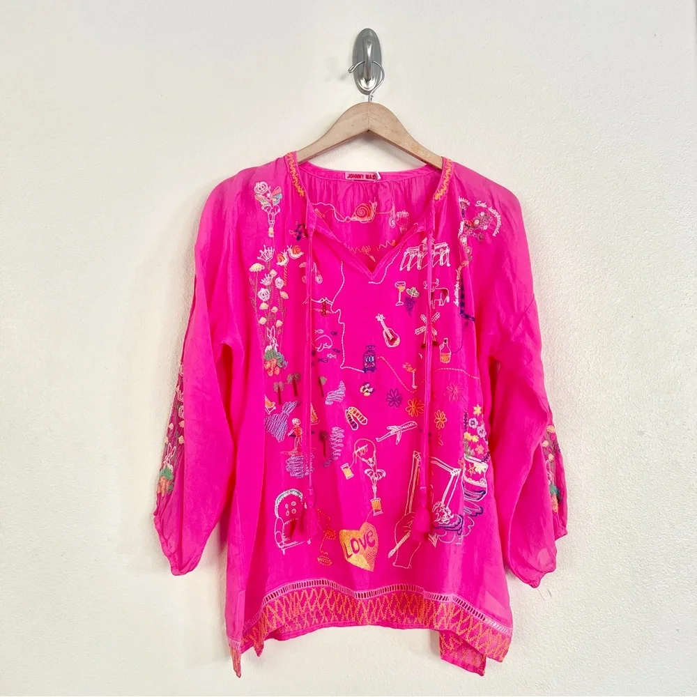 JOHNNY WAS Zadonia Embroidered Tie Neck Blouse in Fuchsia Pink